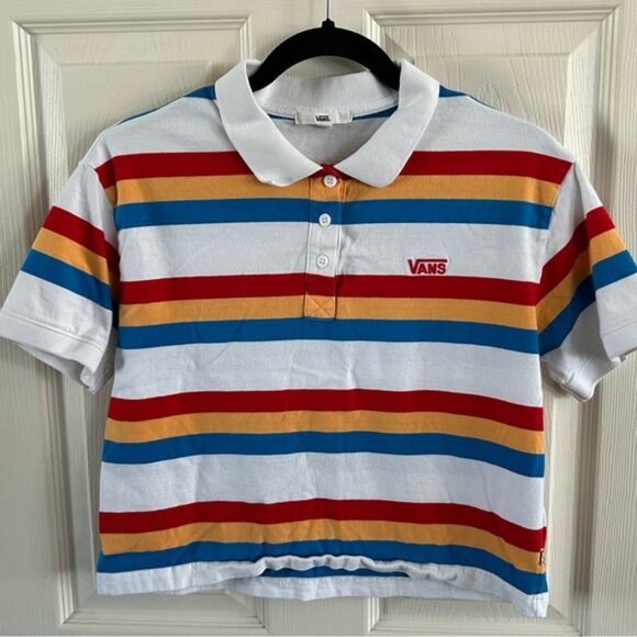 VANS Colorful Striped Cropped Polo Shirt Top Red Yellow Blue Sz Small - Picture 3 of 15